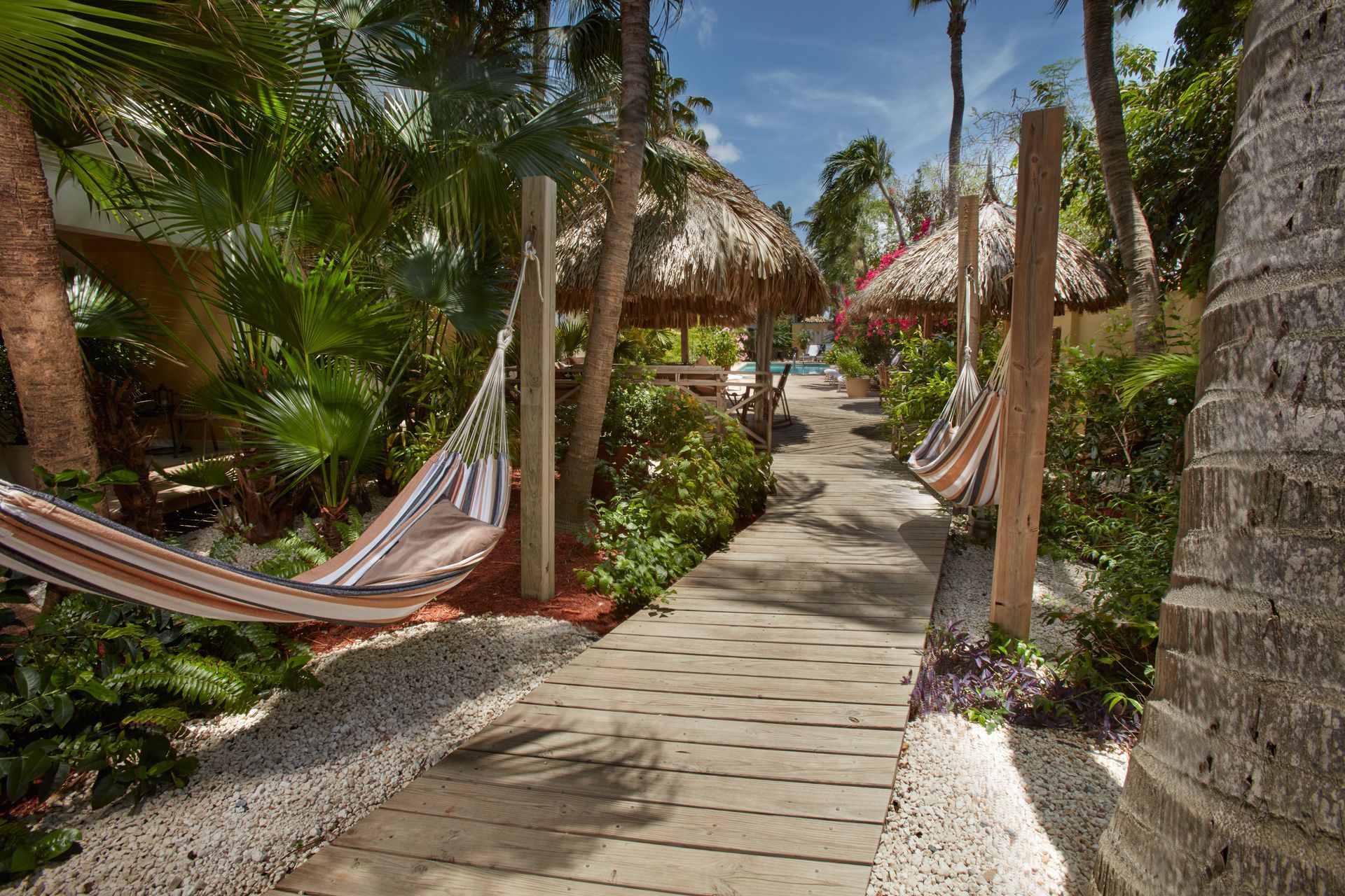 Path lined with hammocks and thatched-roof structures in a tropical setting.