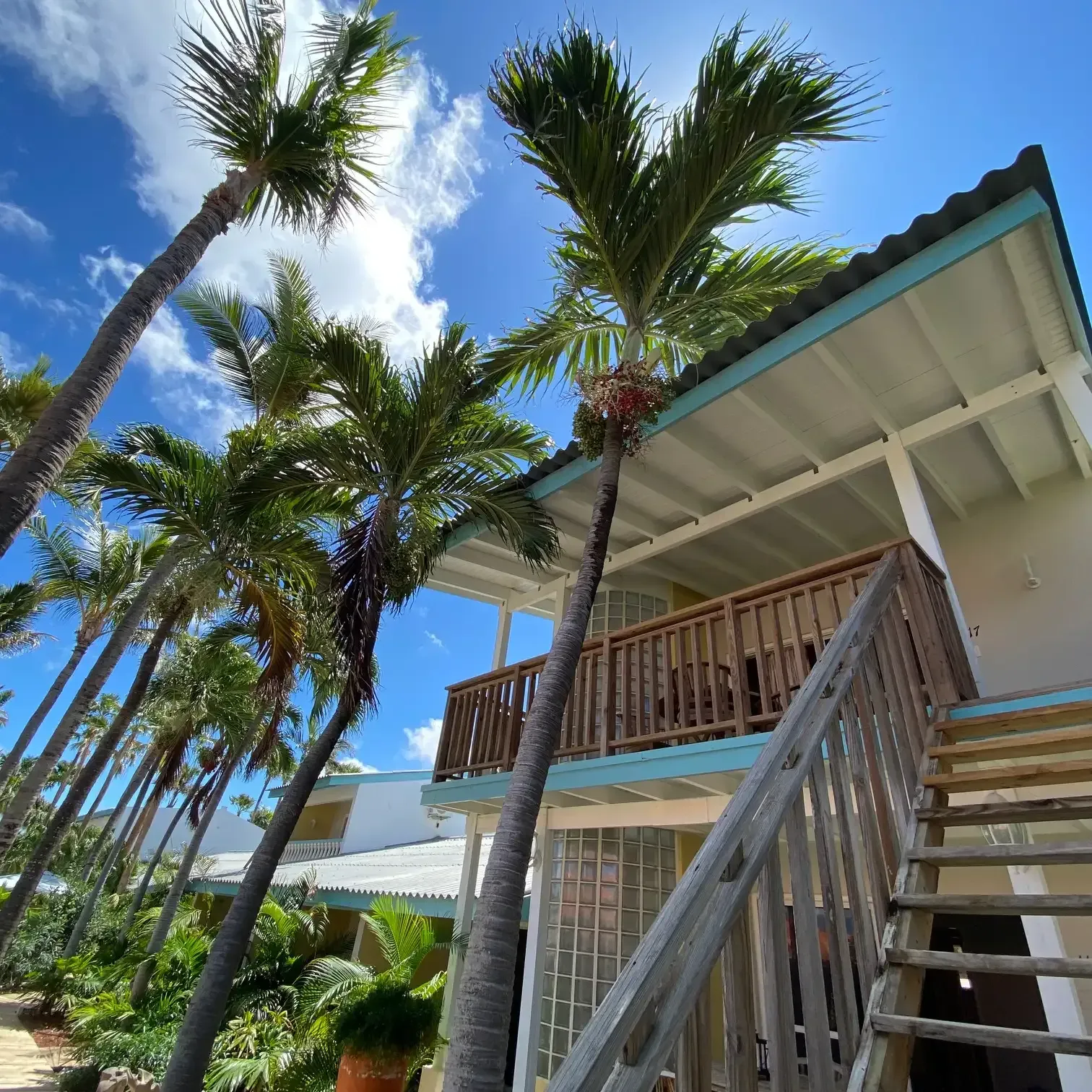 Palm trees frame a Caribbean-style two-story building with a wooden staircase. Blue sky with clouds.