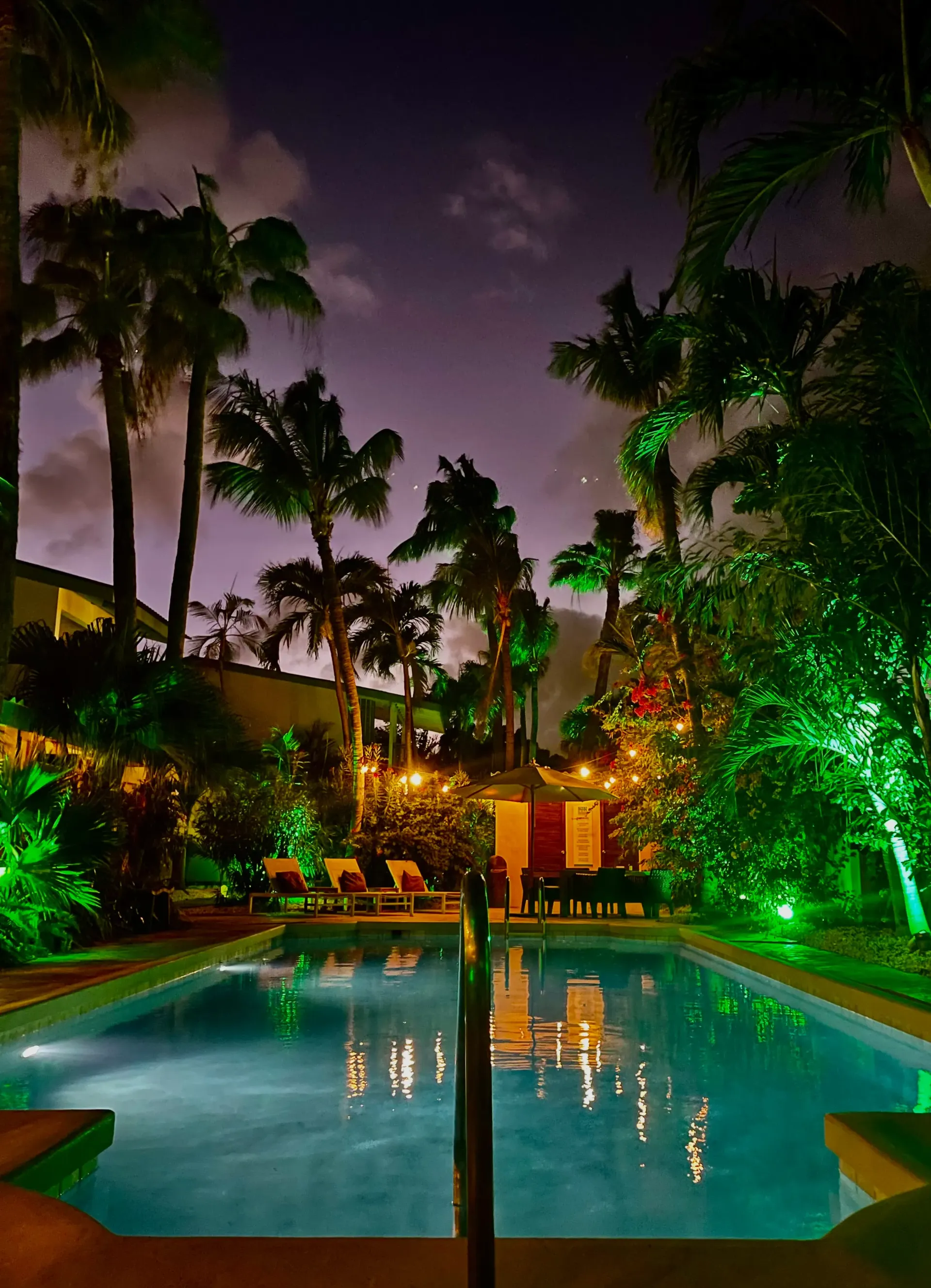 Nighttime view of a pool surrounded by palm trees and string lights. Purple sky.