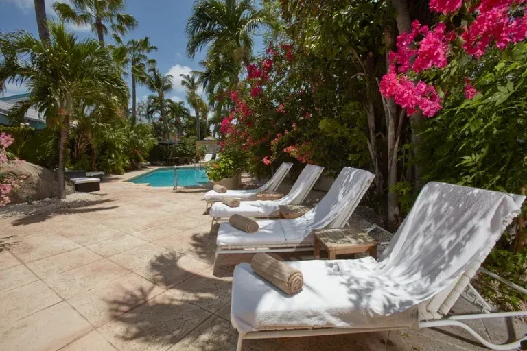 Lounge chairs with rolled towels beside a pool surrounded by tropical plants and flowers.