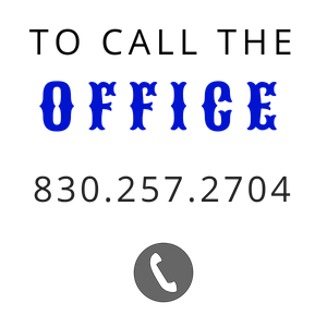 Text: TO CALL THE OFFICE, dial 830.257.2704. Features blue, decorative lettering and a phone icon.