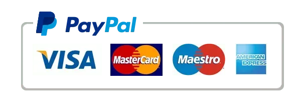 Logos for PayPal, Visa, Mastercard, Maestro, and American Express.