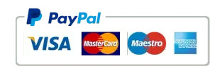 Logos for PayPal, Visa, Mastercard, Maestro, and American Express.