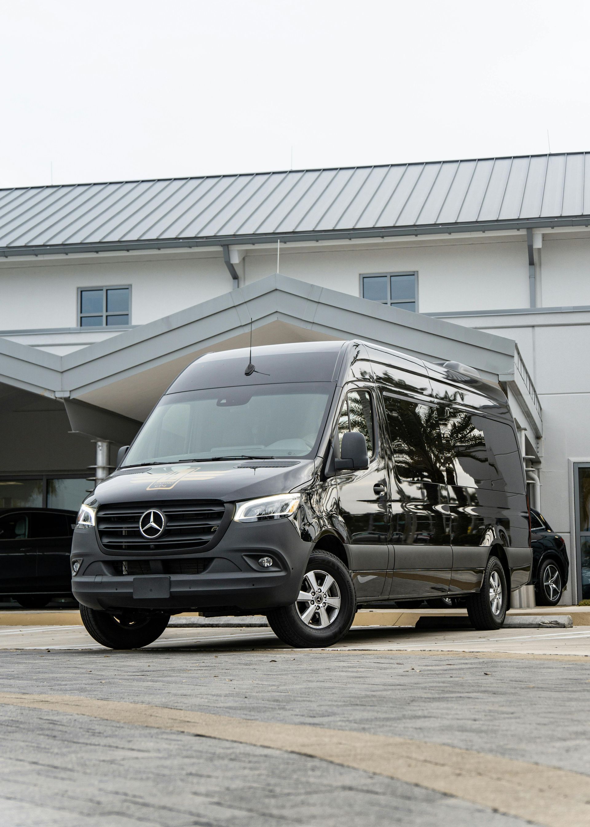 Black Mercedes-Benz Sprinter van parked in front of a white building with a gray roof.