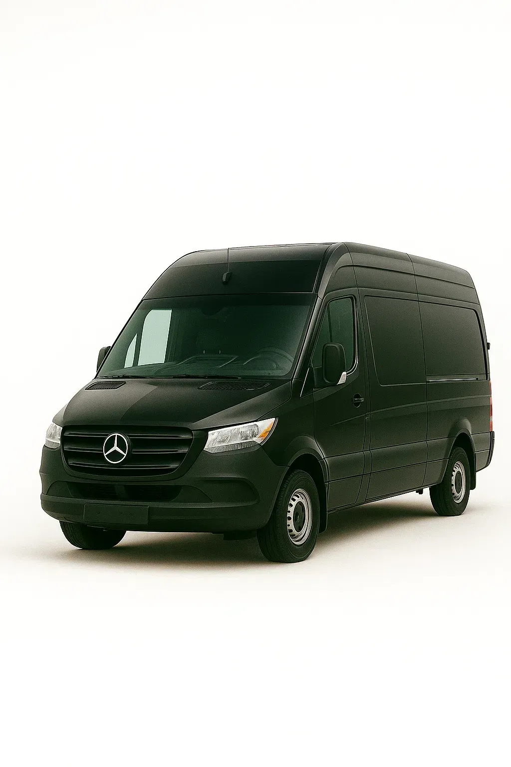 Black Mercedes-Benz Sprinter van against a white background.