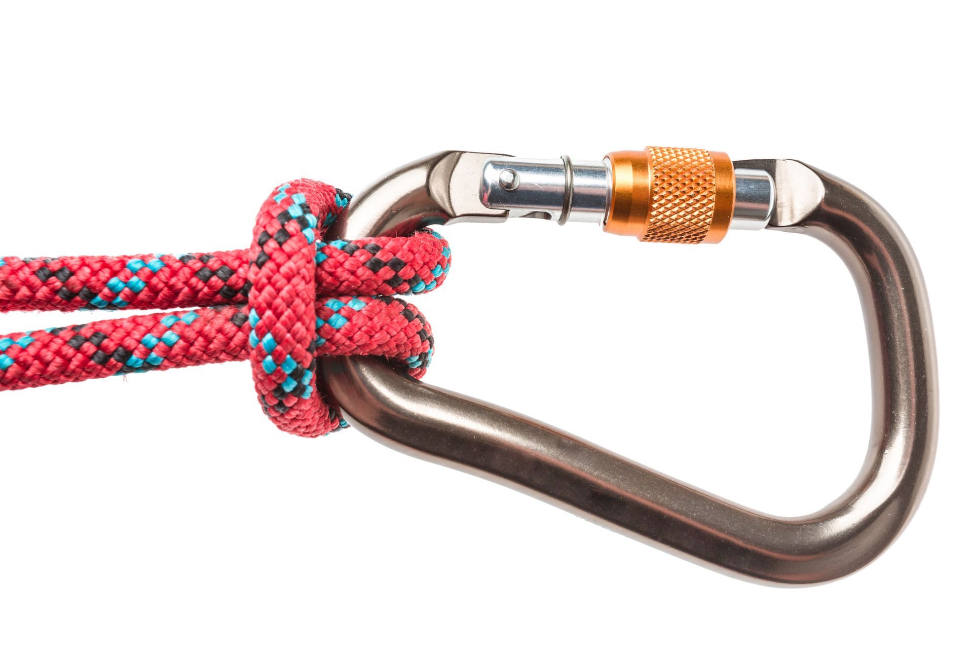 A close up of a carabiner with a rope attached to it. A close up of a carabiner with a rope attached to it.