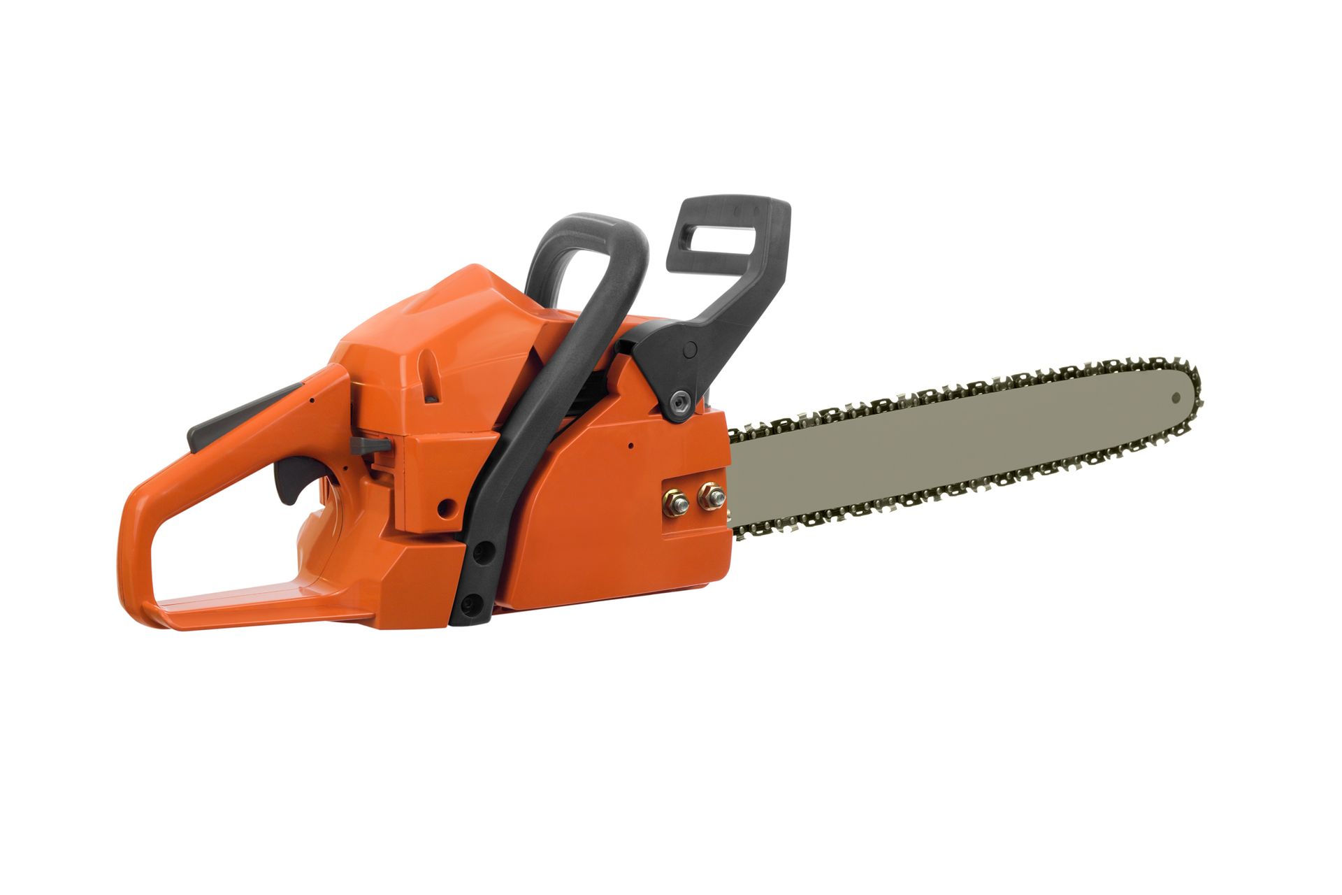 An orange chainsaw with a black handle on a white background.