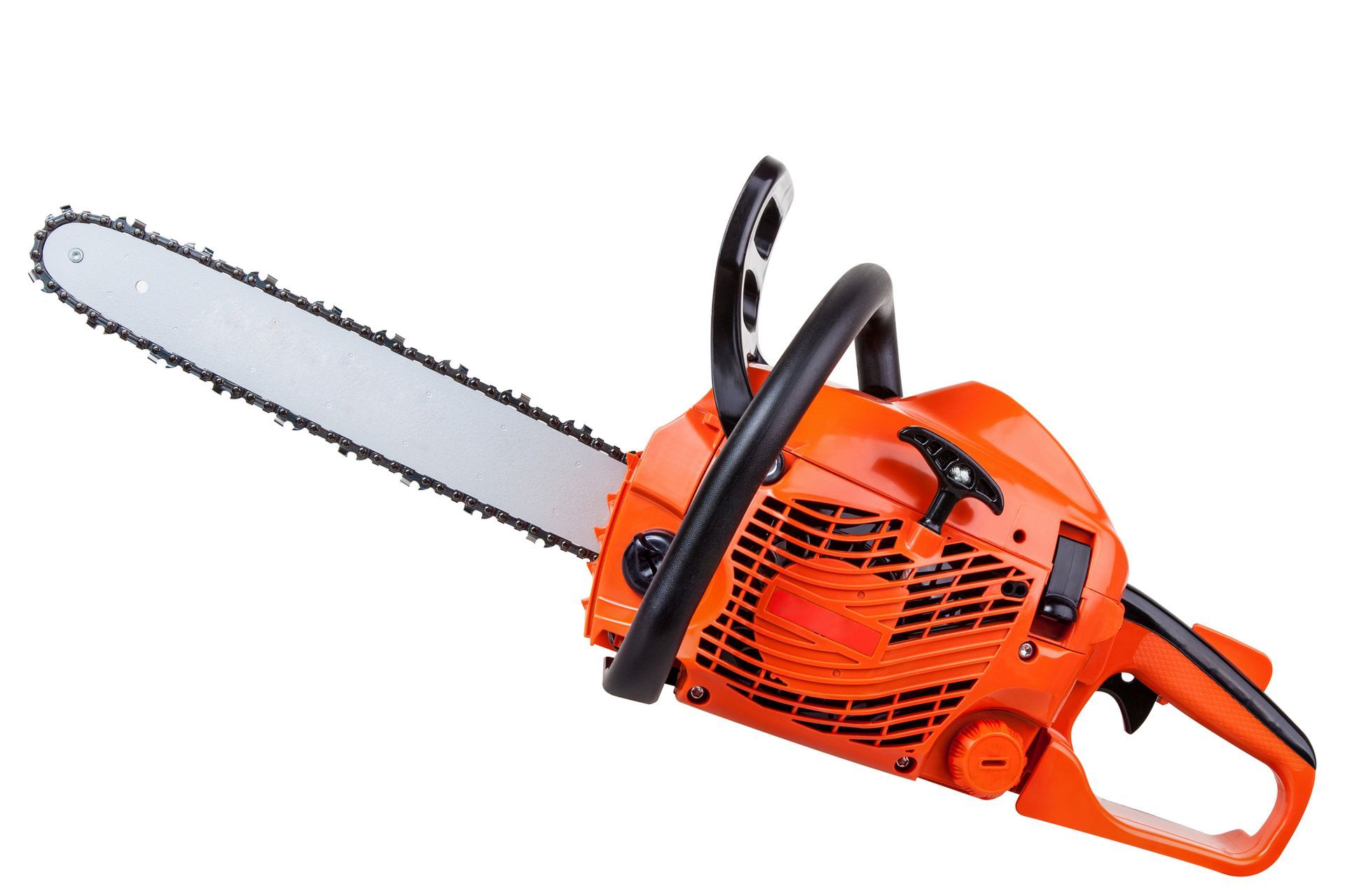 An orange chainsaw with a white chain on a white background
