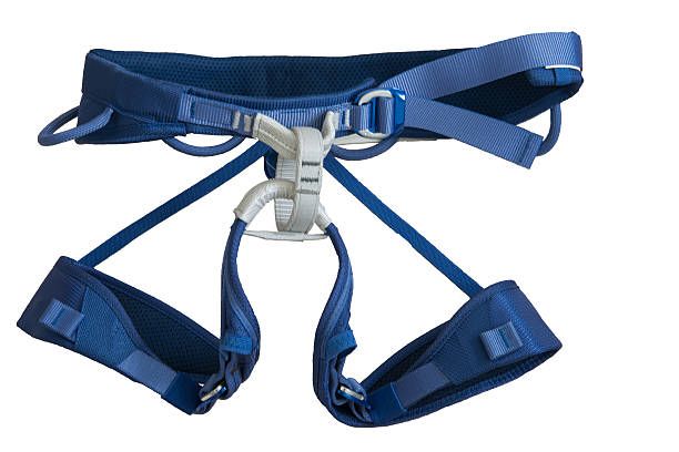 A blue climbing harness on a white background