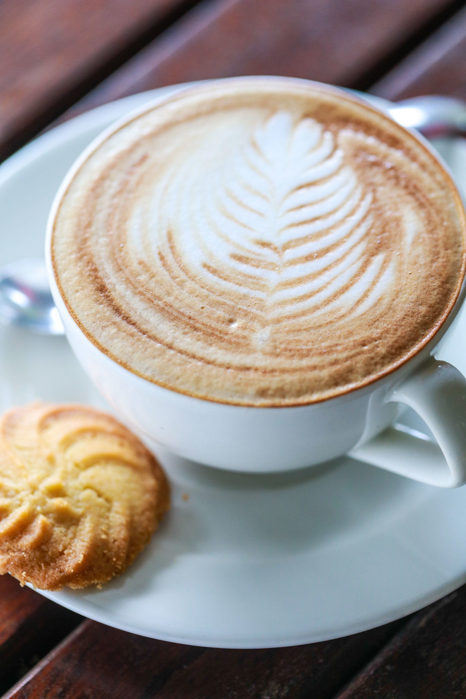 A cup of cappuccino and a cookie on a saucer on a wooden table.
