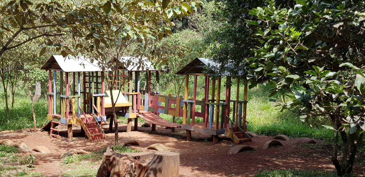A wooden playground is sitting in the middle of a forest.