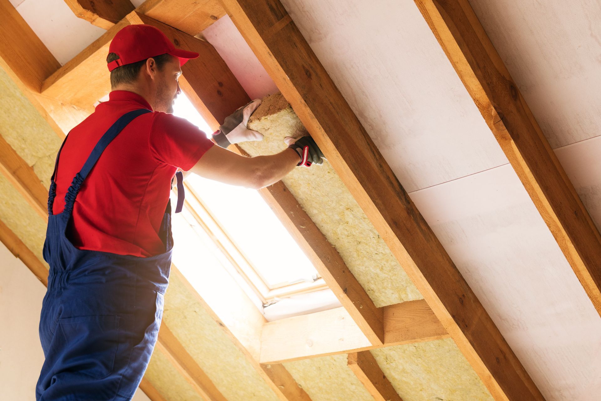 Man in overalls and red shirt installing insulation in an attic.
