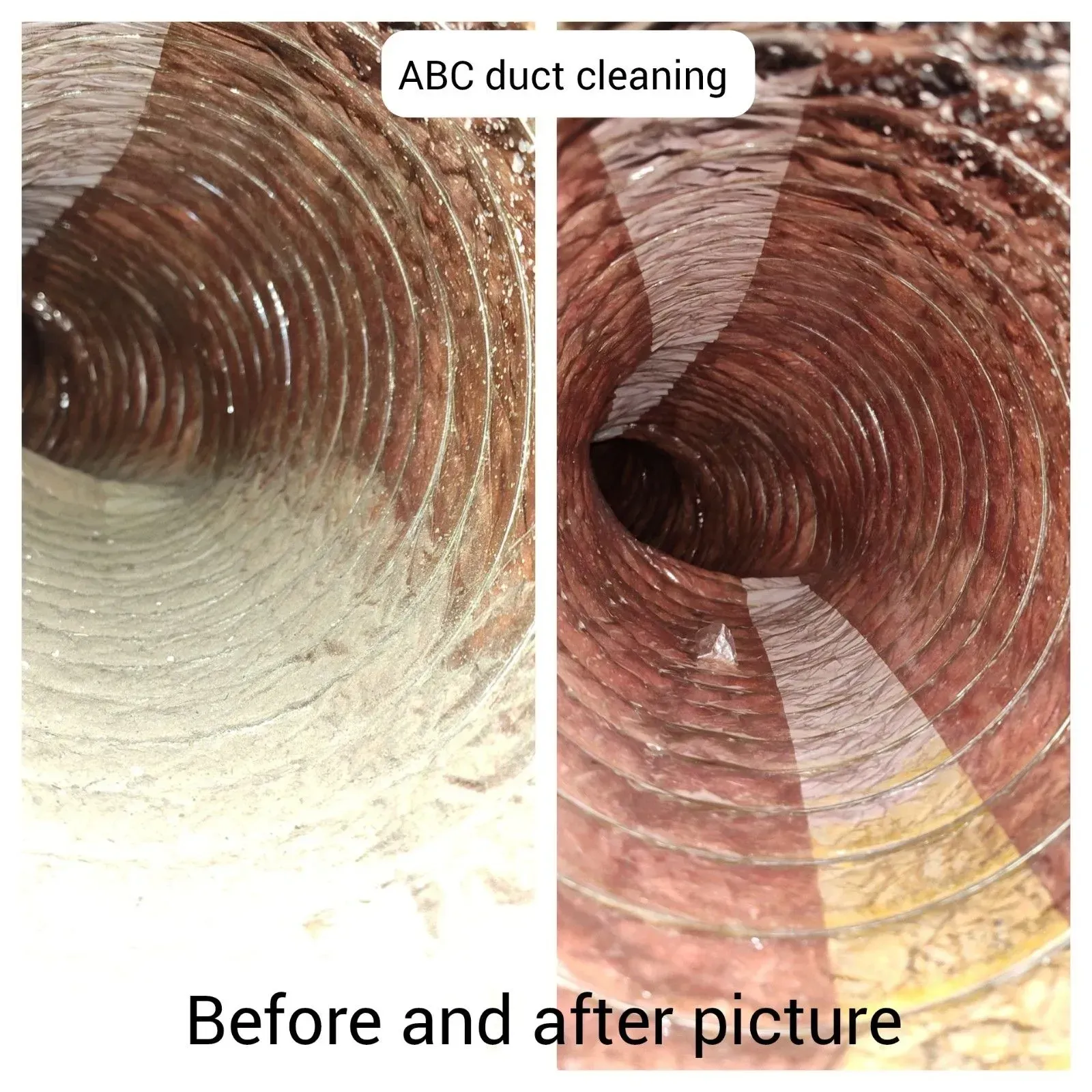 Before and after comparison of duct cleaning. Left shows dusty duct, right shows clean duct.