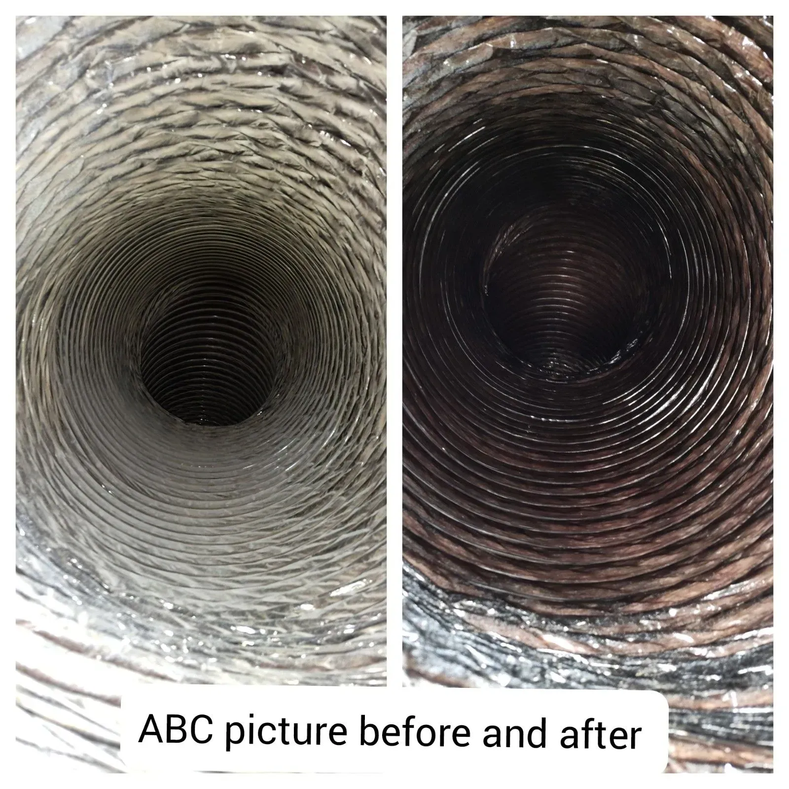 Comparison of a dirty and a clean duct, with the interior texture and color differences evident.