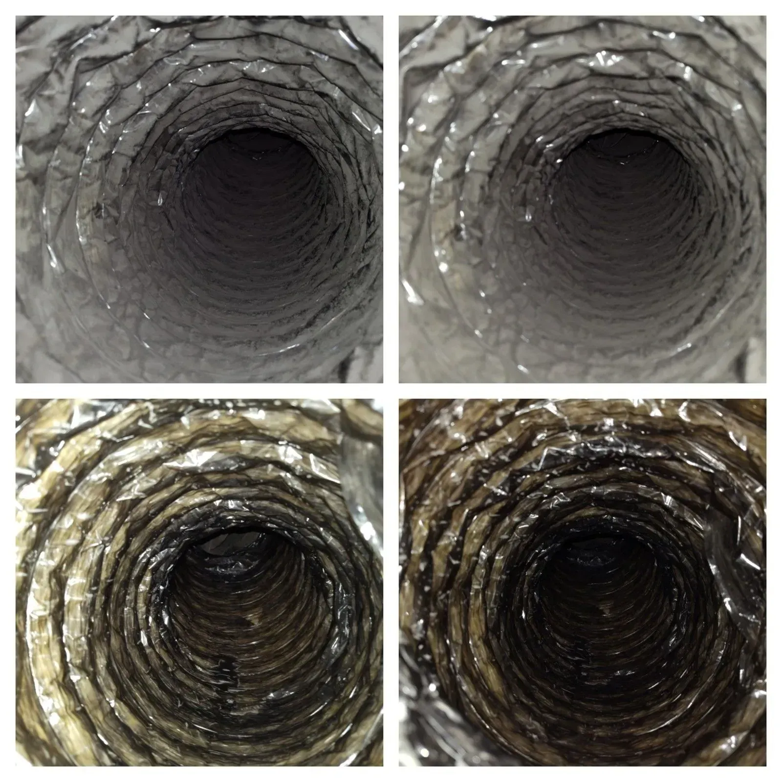 Four views of a dirty air duct, progressively dirtier: gray, then black debris coating the walls.