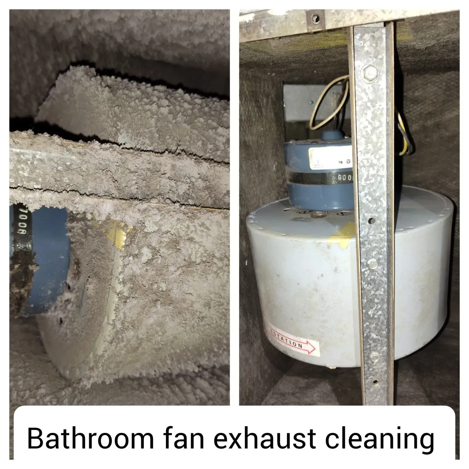 Bathroom fan exhaust components: left shows ice/debris buildup, right shows the motor and housing.
