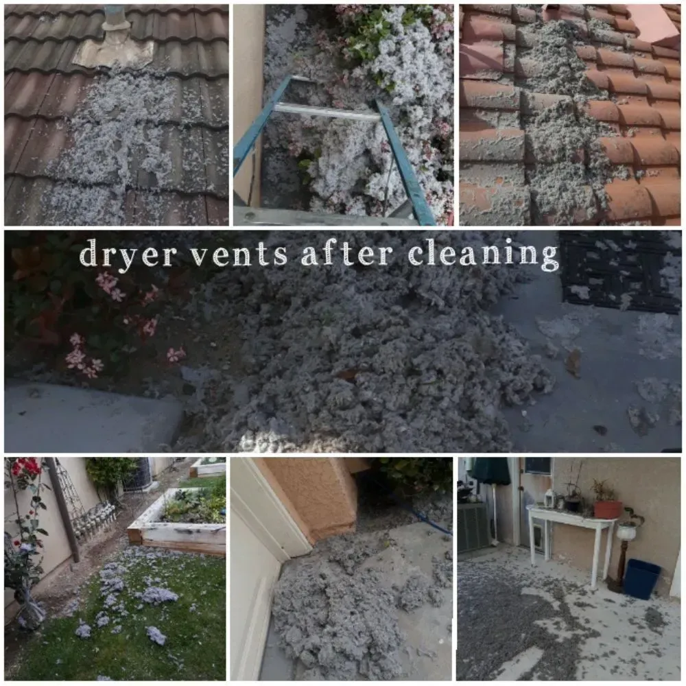 Collection of photos showing a large amount of dryer lint collected from various locations after cleaning dryer vents.