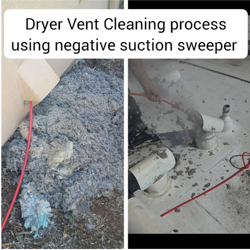 Hands cleaning a dryer vent with a vacuum hose inside a duct. Hands cleaning a dryer vent with a vacuum hose inside a duct.