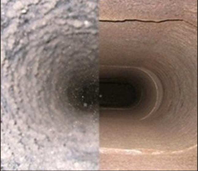 Chimney sweep on a rooftop, holding tools; blue sky, orange tiles.