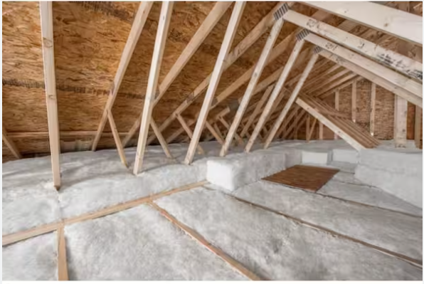 Man in overalls and red shirt installing insulation in an attic. Man in overalls and red shirt installing insulation in an attic.