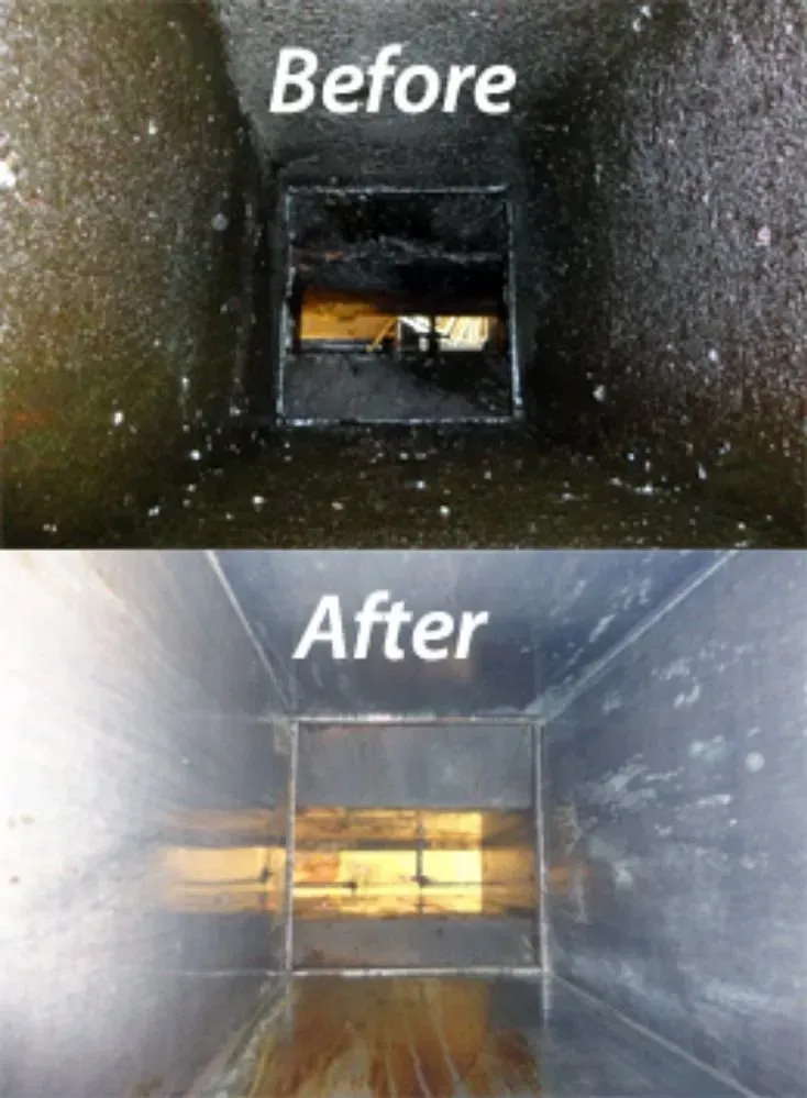 Comparison of chimney interior before and after cleaning: dark, sooty before; clean, shiny after.