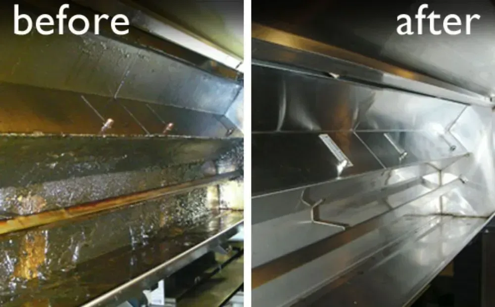 Comparison of a greasy vent before and after cleaning, showing a stainless steel surface.