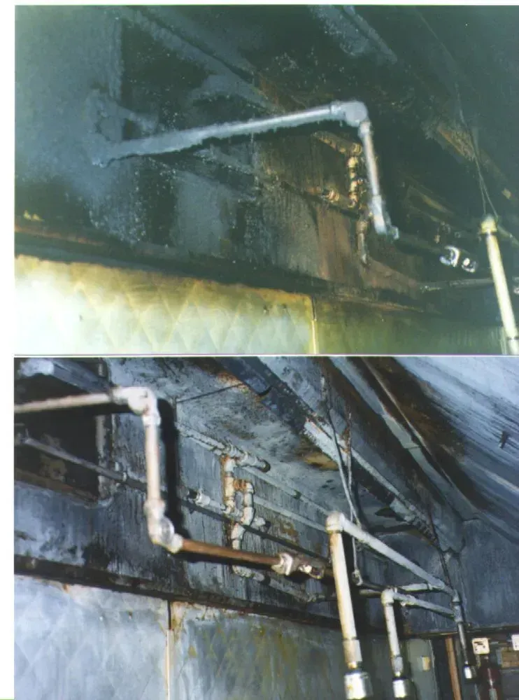 Two images, top and bottom, showing black soot on pipes and a ceiling.