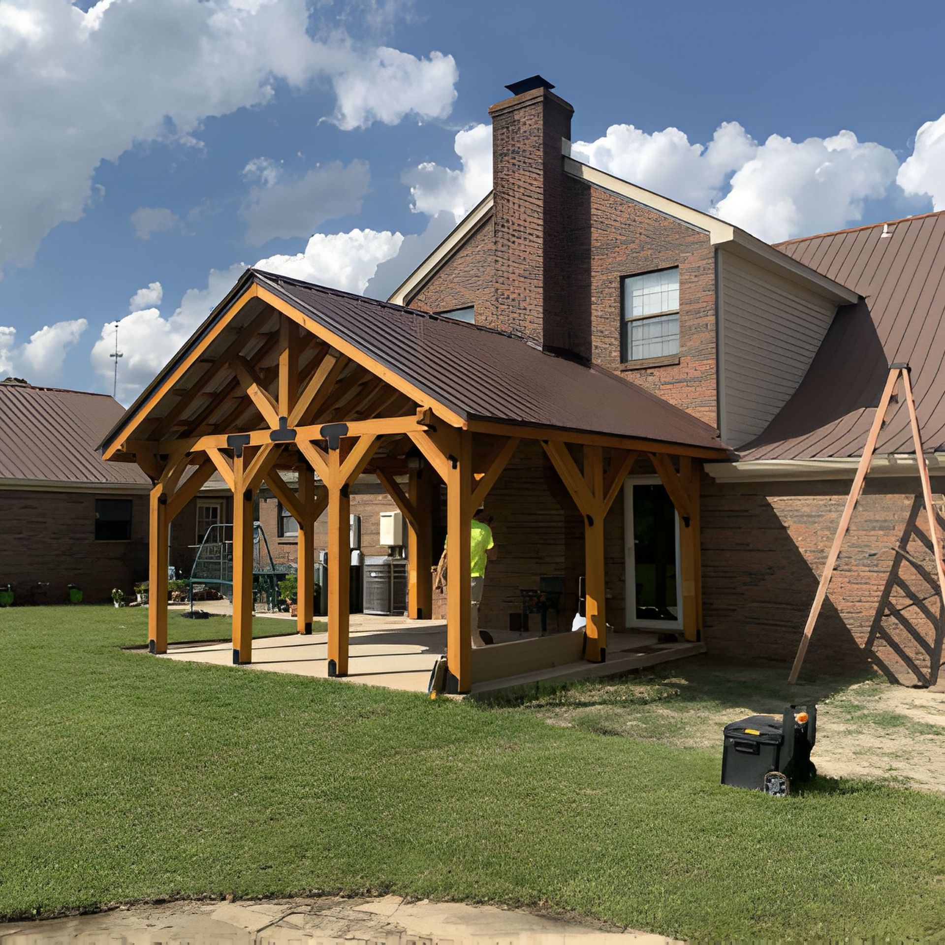 Wooden patio cover attached to a brick house with brown roof and green lawn. Construction tools visible.