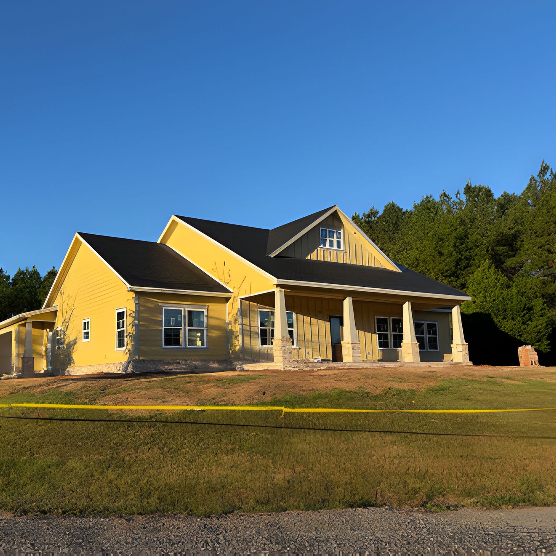 Yellow house under construction with porch and black roof. Blue sky and trees in the background.