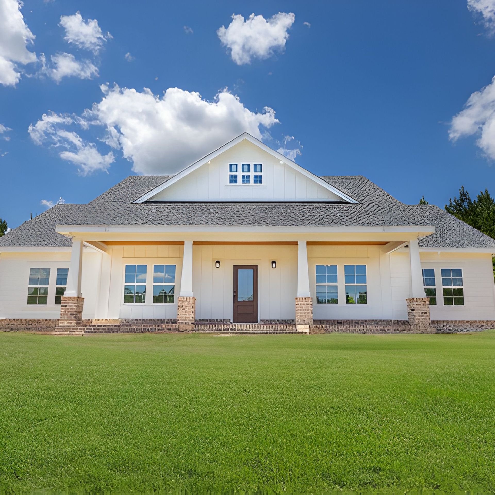 White house with porch, brown door, and green lawn under a blue sky with clouds.