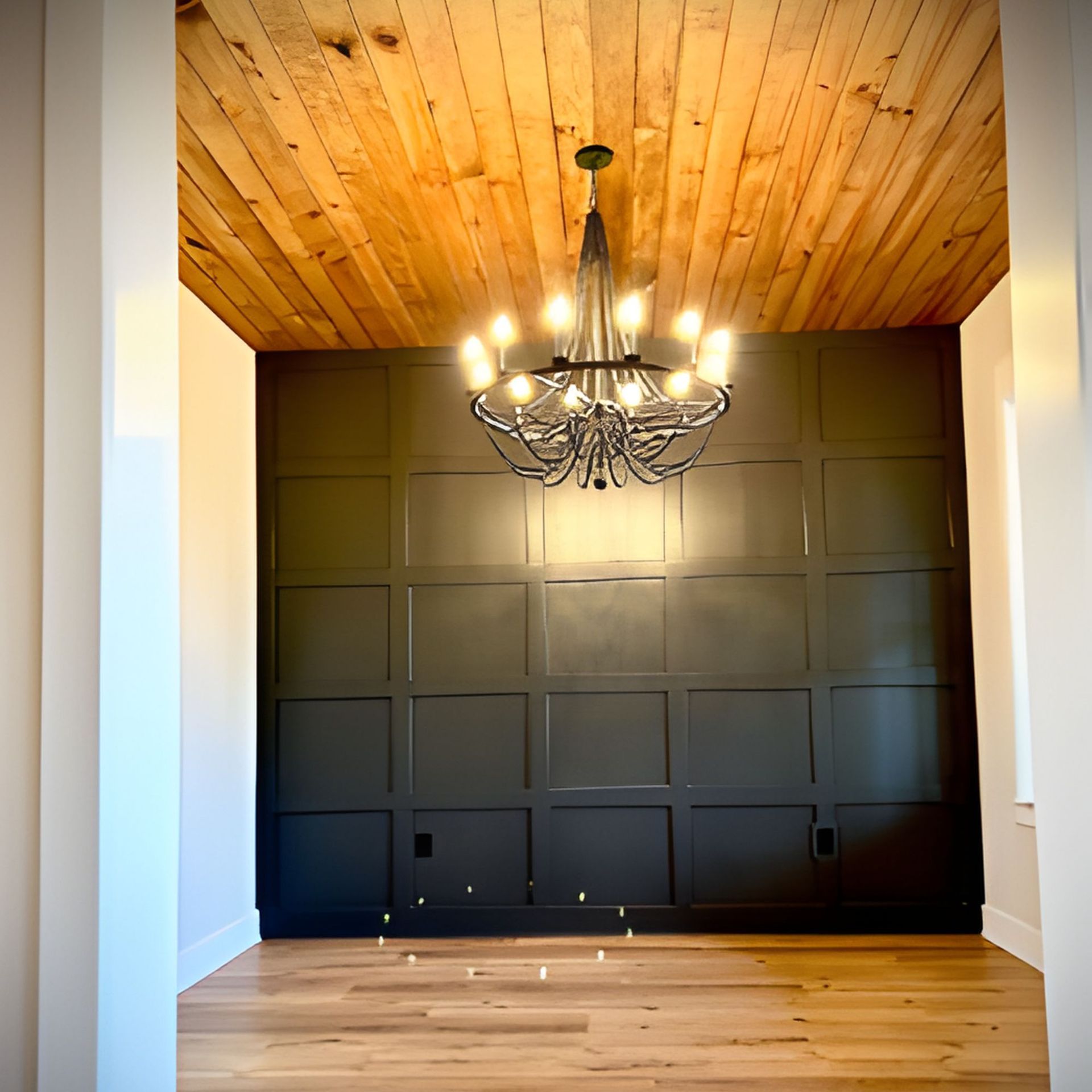 Room with dark paneled wall, wood ceiling, chandelier, and hardwood floor.