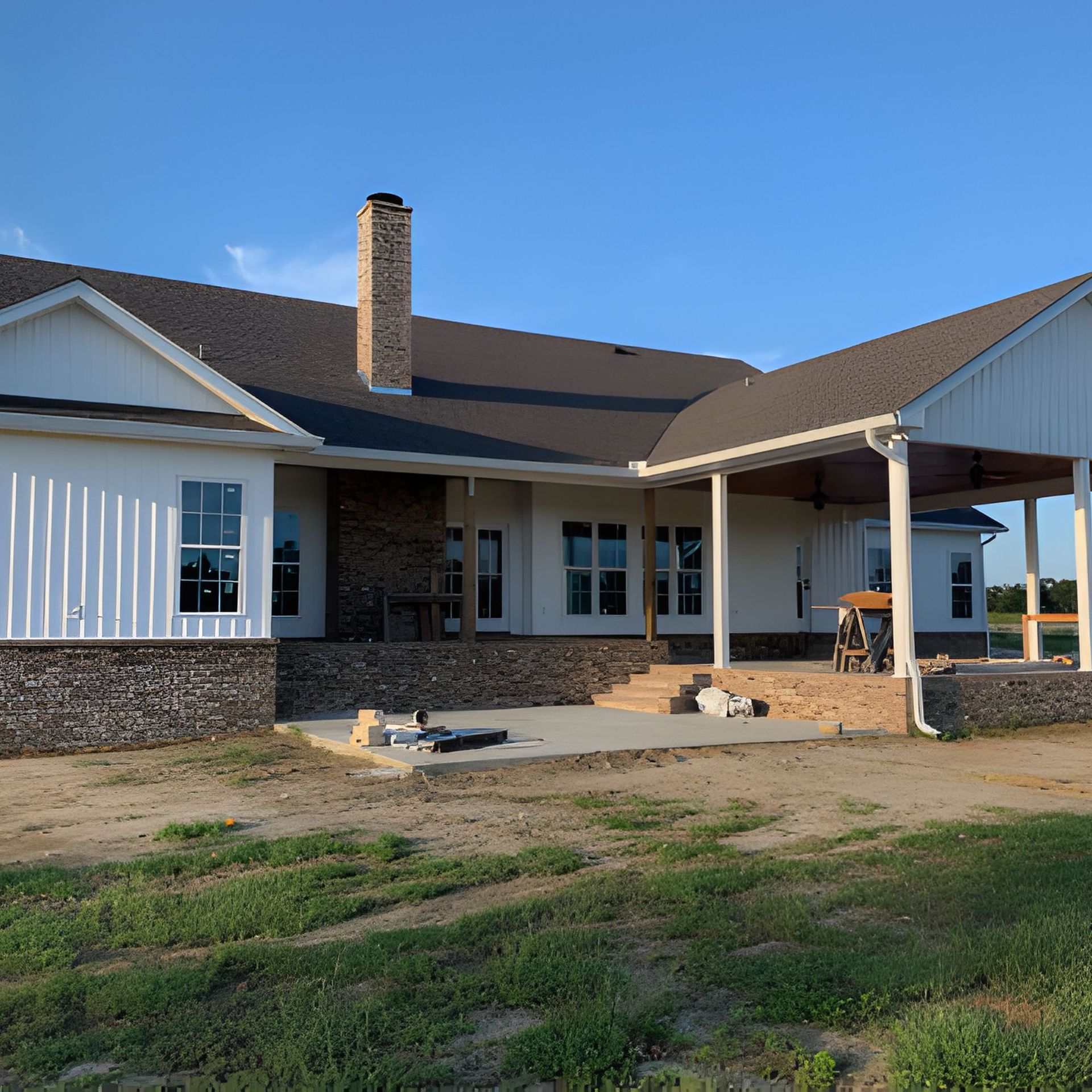A large, white farmhouse with brick accents and a covered porch under a clear, blue sky.