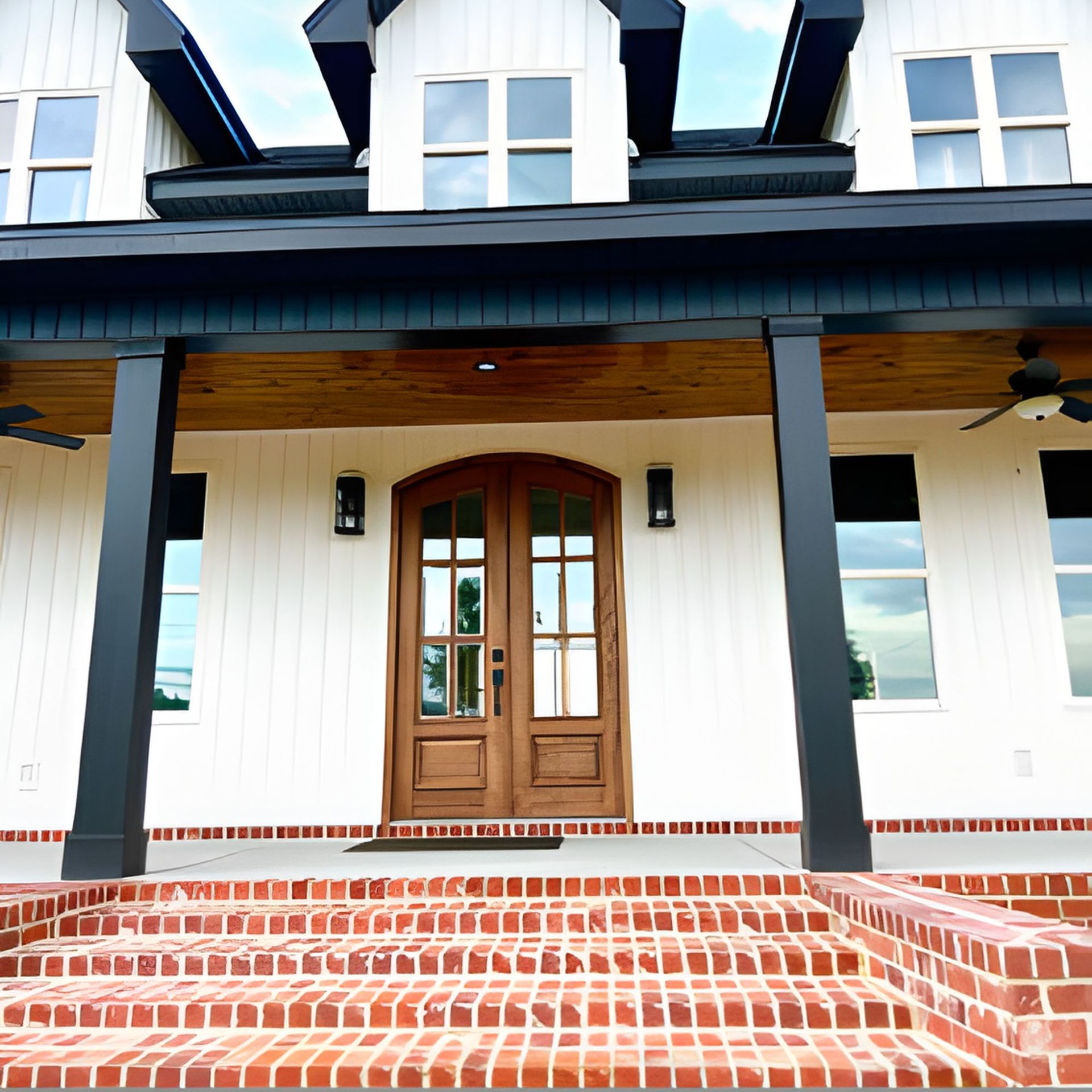 White house with dark trim and wooden double front doors, red brick steps.