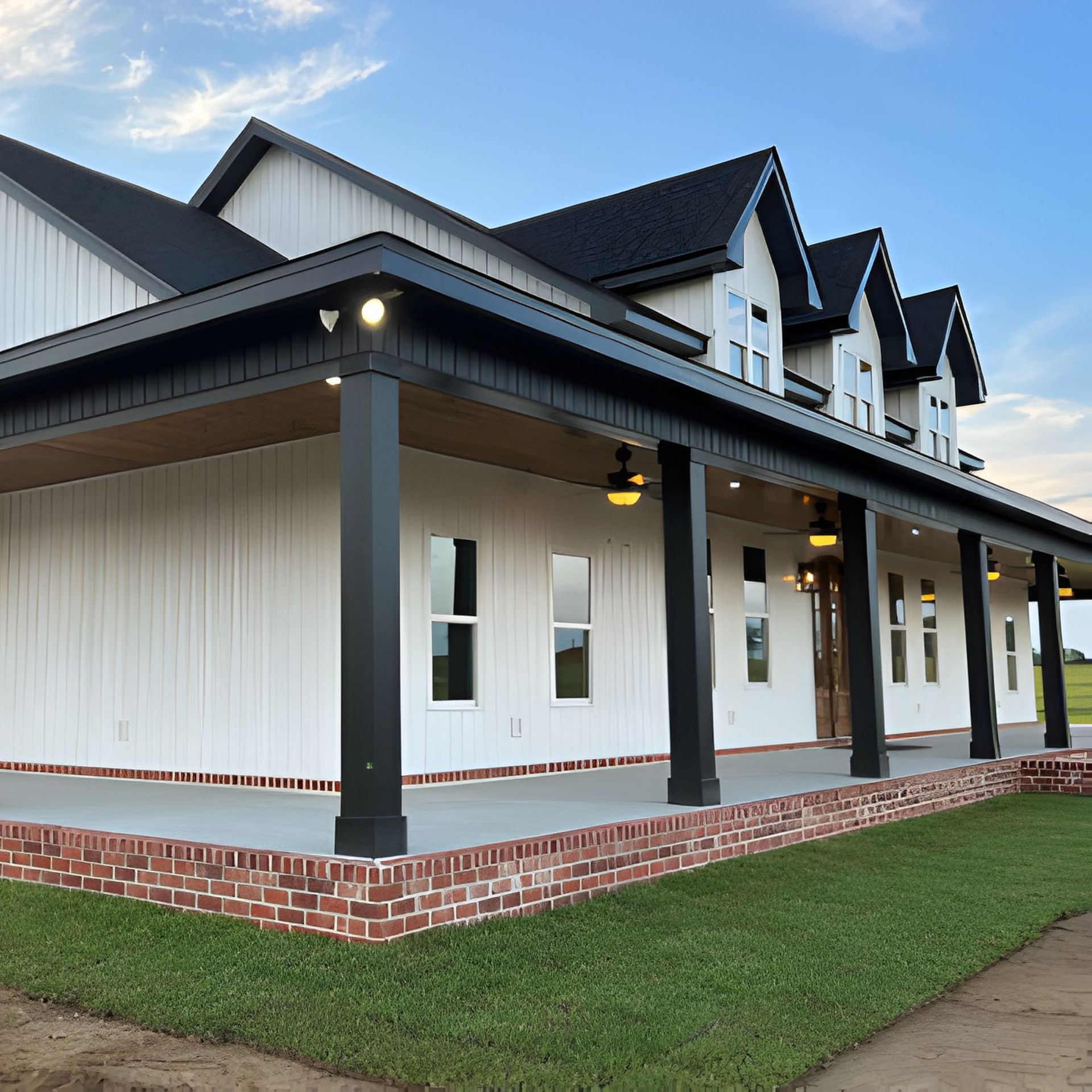 White farmhouse with black trim and a wraparound porch, set against a blue sky.