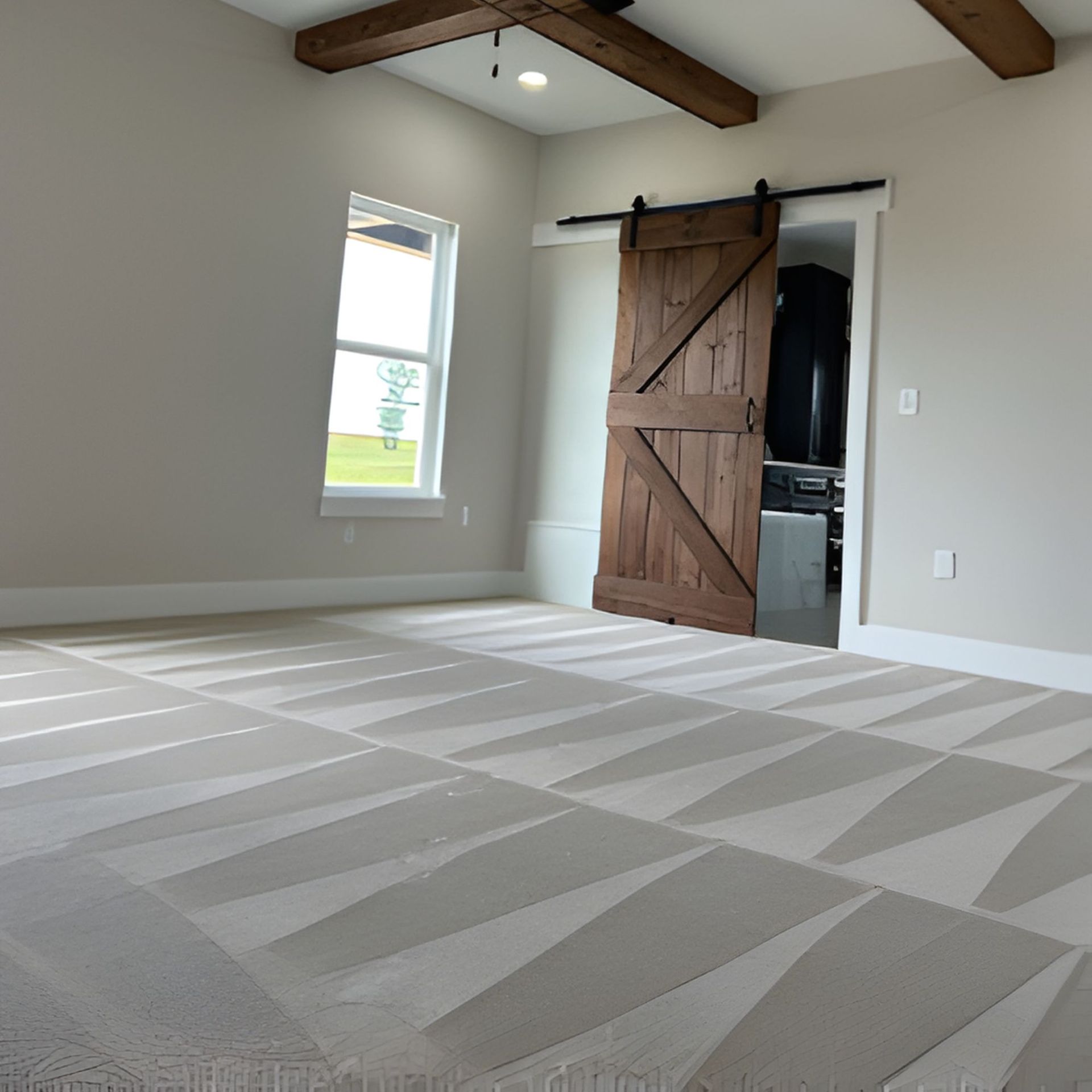 Beige bedroom with geometric patterned carpet, wooden ceiling beams, and a barn door.