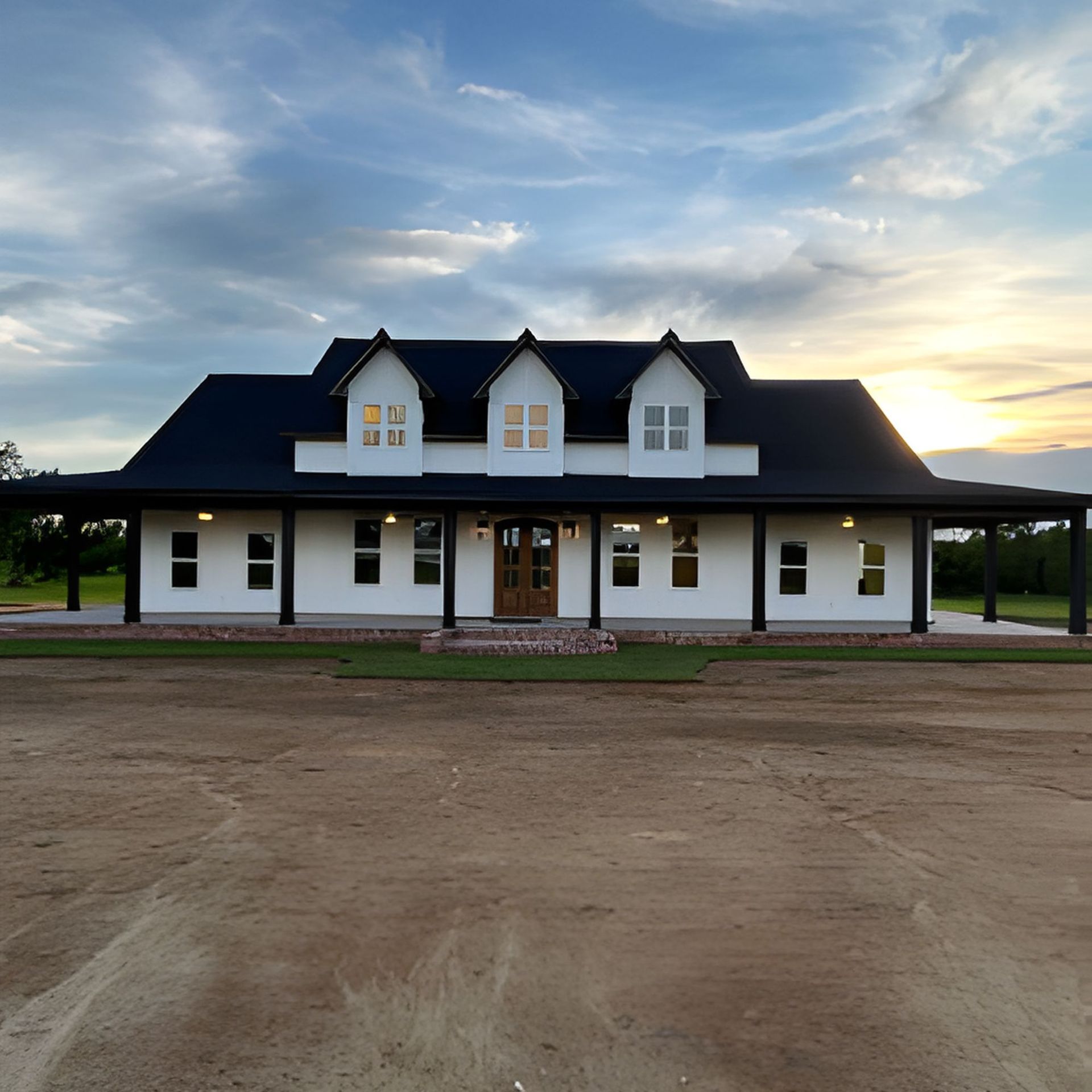 White farmhouse with black roof and porch under a sunset sky.