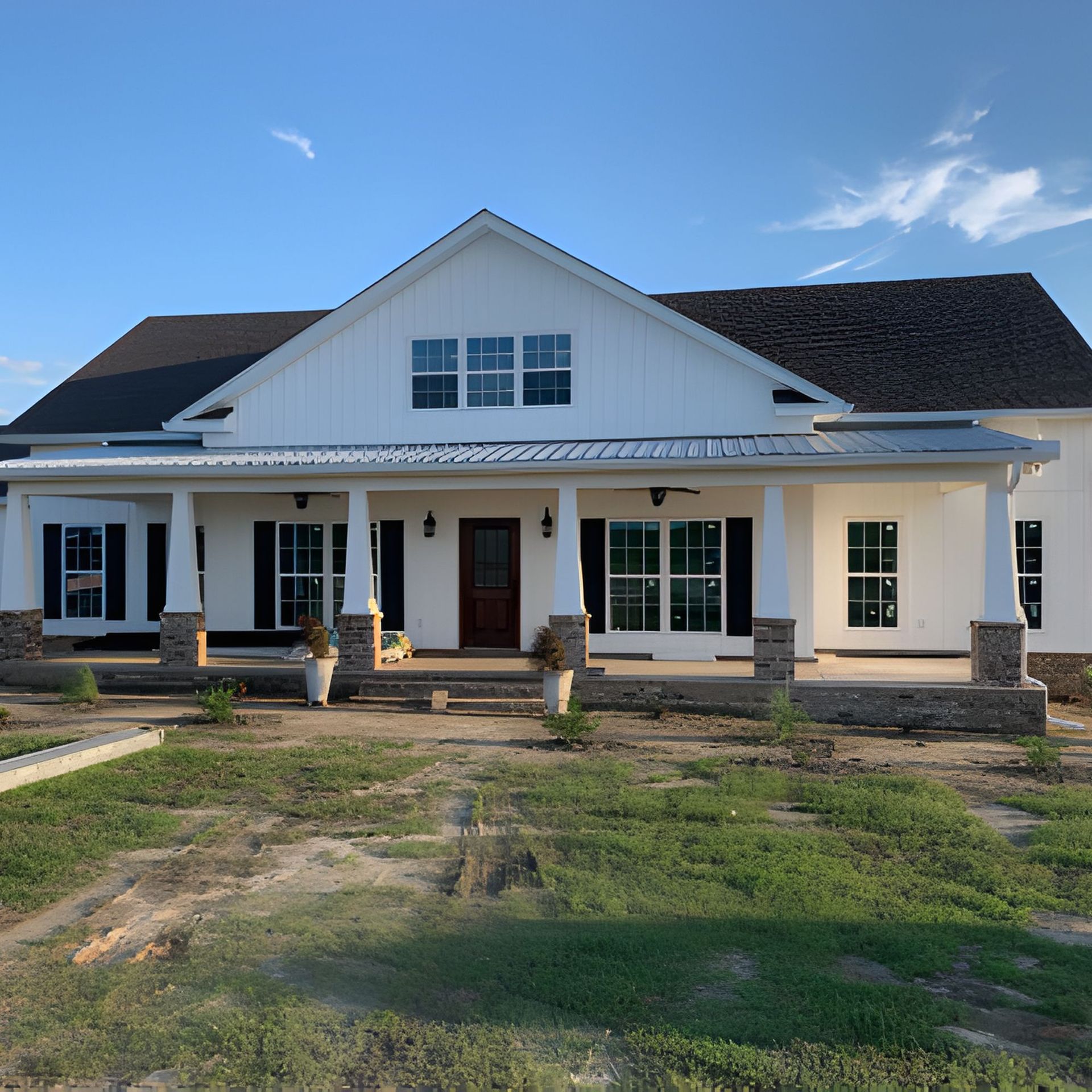 White farmhouse with dark roof, porch, and stone accents.