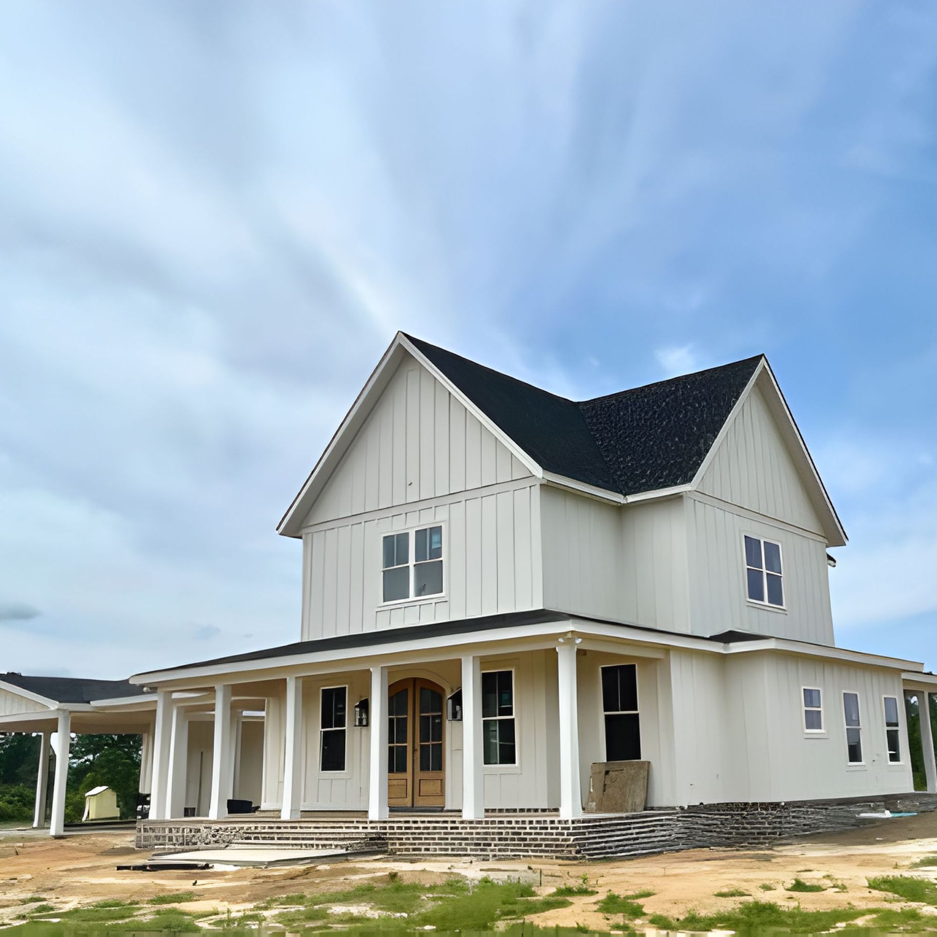 White two-story farmhouse under construction with black roof and large front porch. Blue sky in the background.