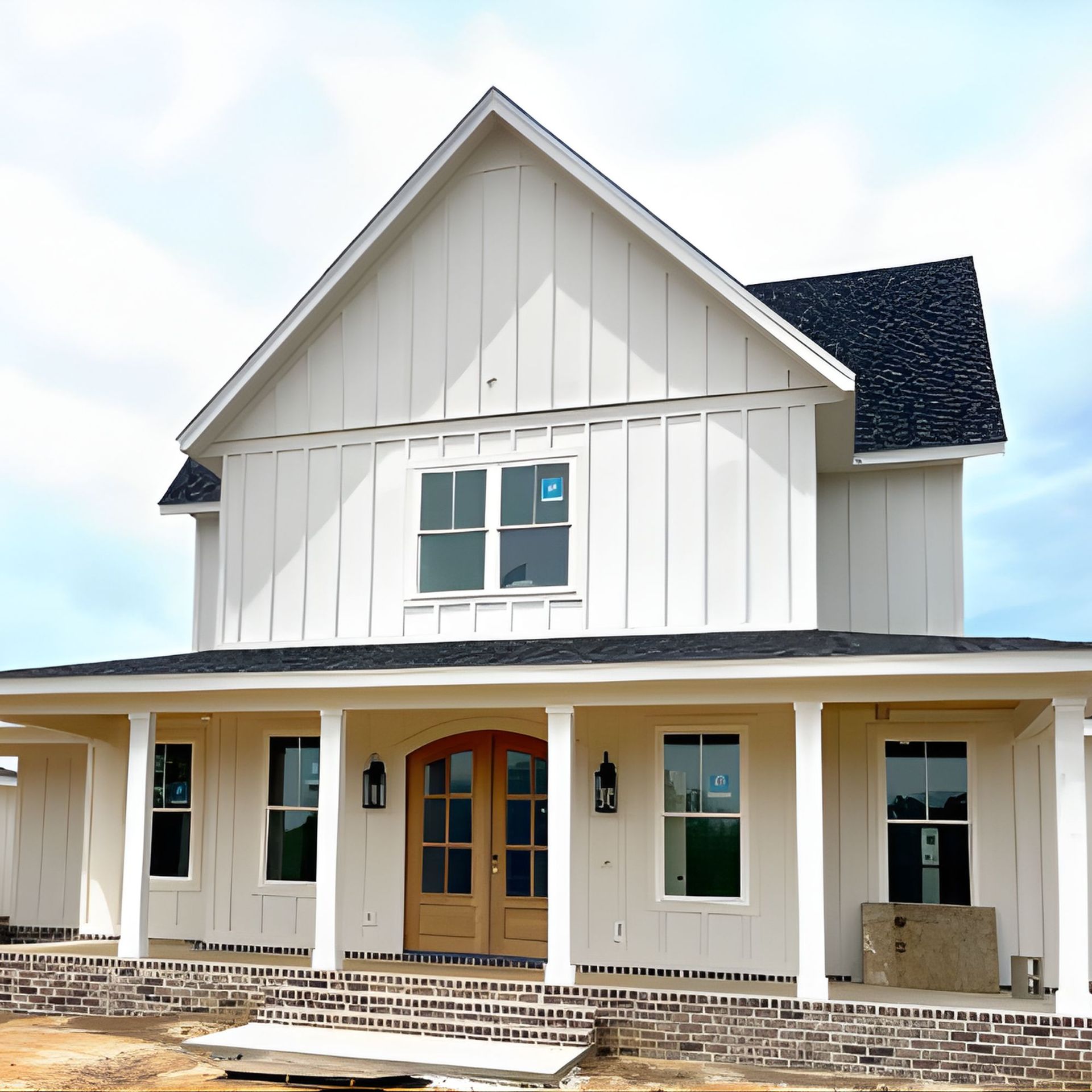 White farmhouse with black roof, covered porch, and wood double doors.