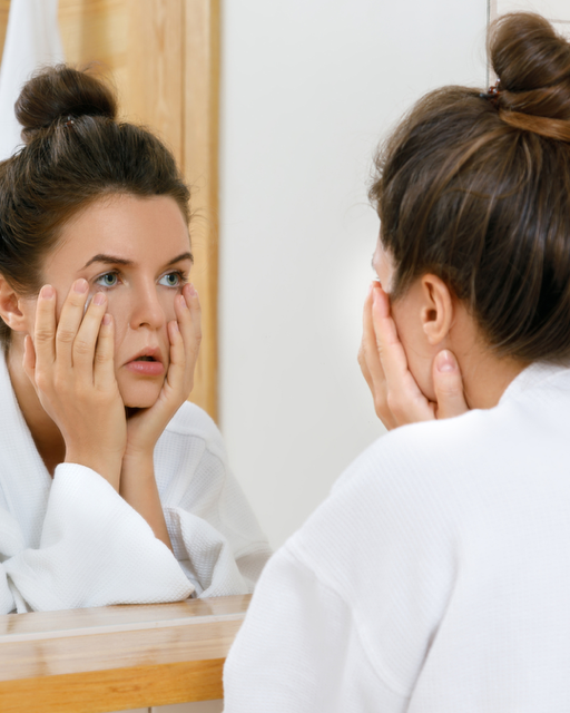 Frau im Bademantel betrachtet glanzlose Haut im Spiegel – Haut Glow zurückgewinnen