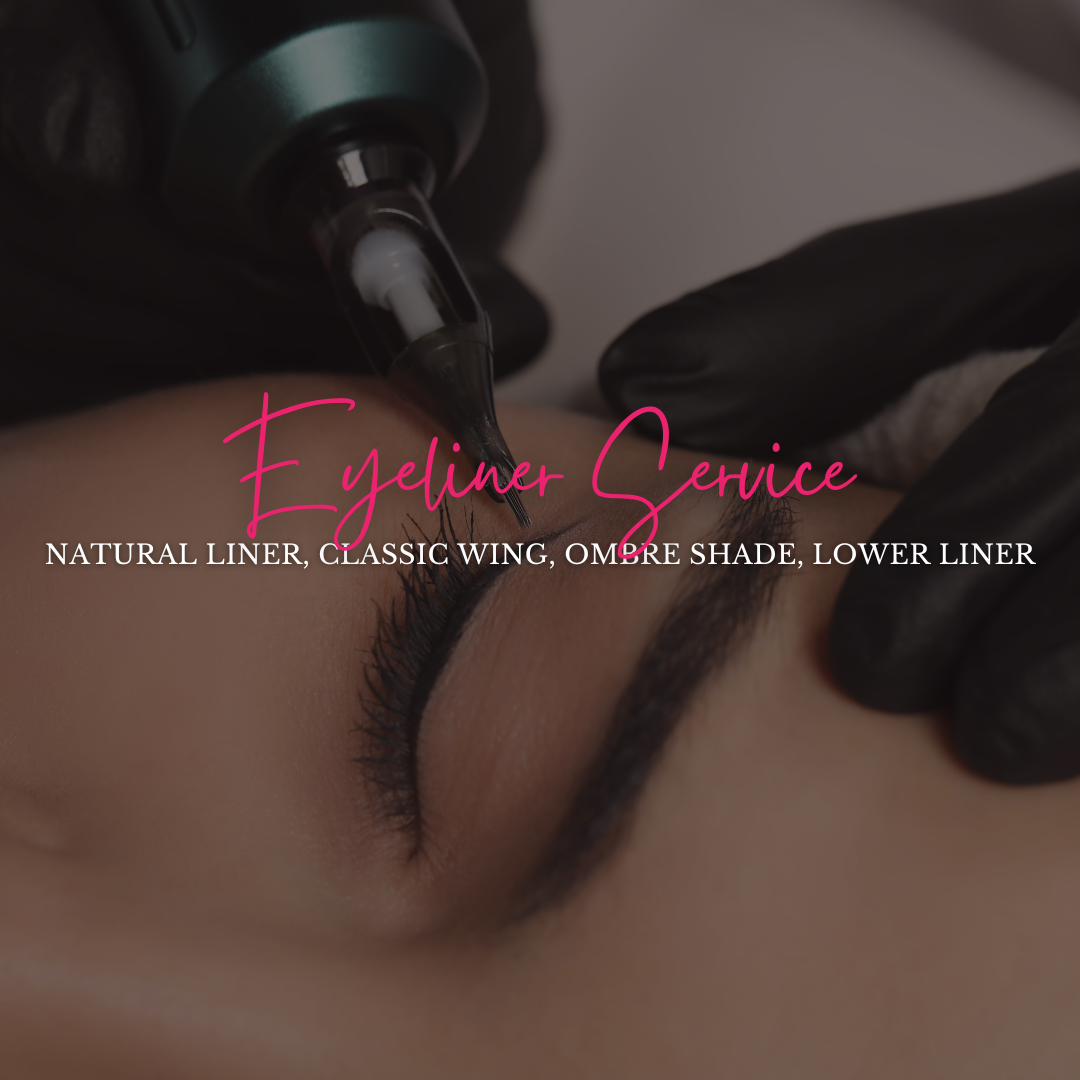 Eyeliner service being performed. Close-up of eye with tattoo machine; black gloves. Text: Natural, classic, wing, ombre shade, lower liner.