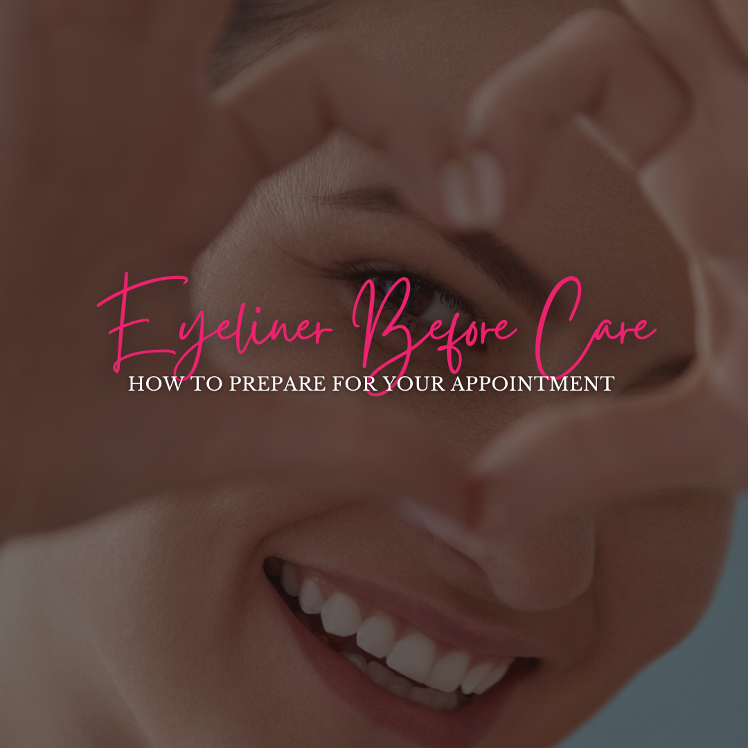 Woman with hands forming a heart around her eye, text overlay: Eyeliner Before Care.