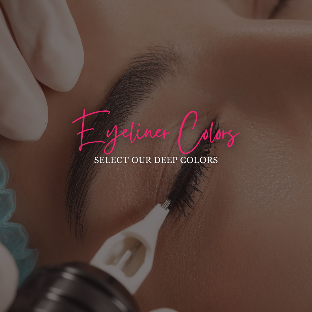 Eyeliner tattoo procedure in progress: close up of eye, needle applying pigment to the lash line. Pink text overlay: Eyeliner Colors.