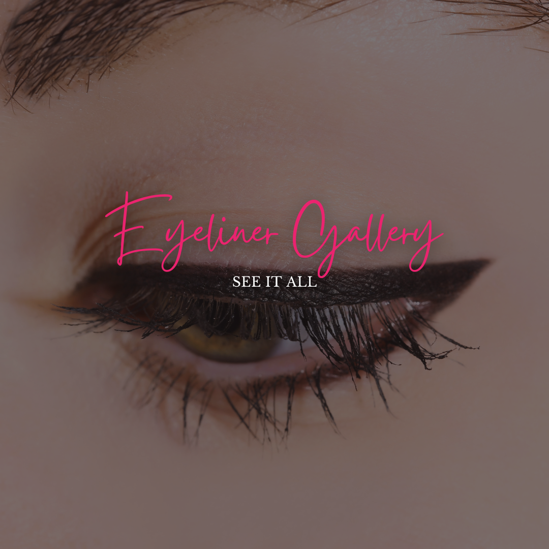Close-up of an eye with winged eyeliner and mascara. Text overlay 
