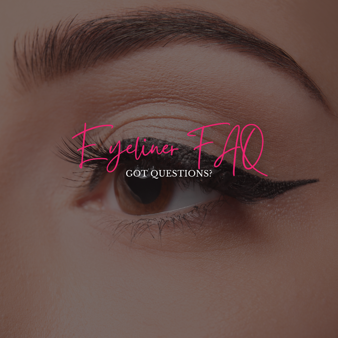 Close-up of an eye with winged eyeliner. Pink text reads 