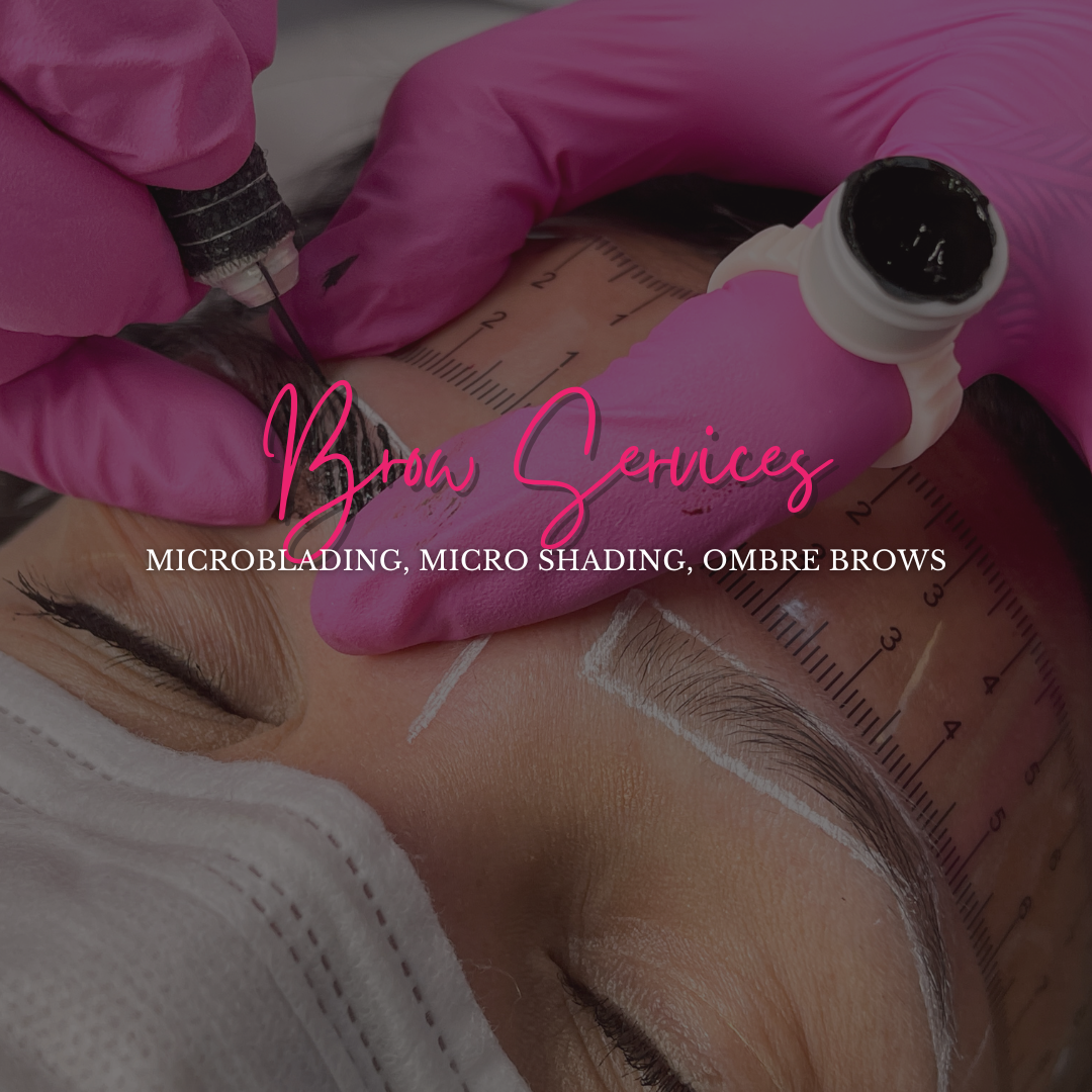 Person's eye with eyebrow being shaped for microblading procedure. Tools and gloved hands are present.