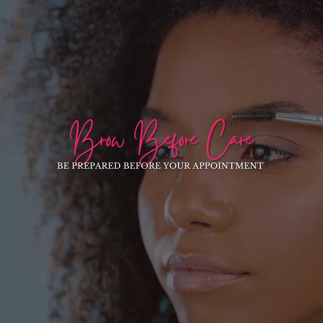 Woman grooming eyebrows with a brush, pink text 