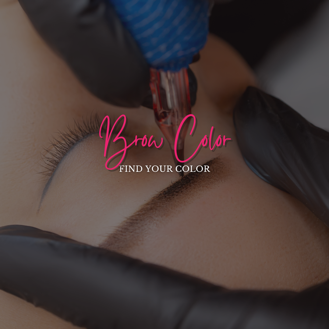 A close-up of a person's eyebrow during a cosmetic tattoo procedure. The person's eye is closed.