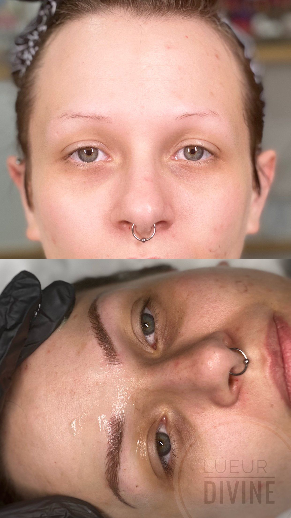 Before and after comparison of eyebrows. Top: bare, light skin. Bottom: tattooed brown eyebrows. Nose ring visible.