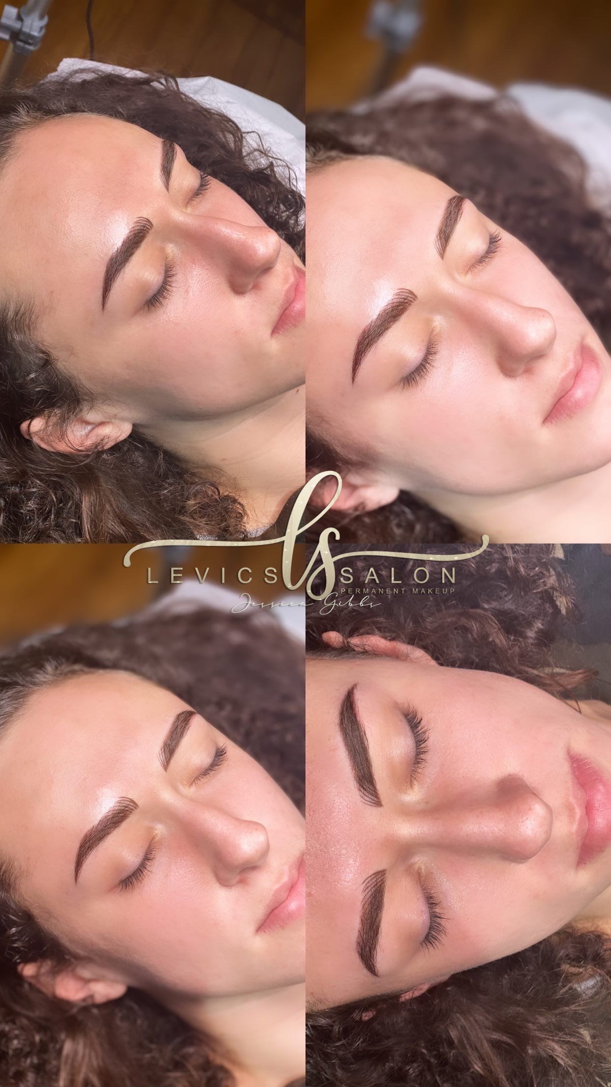 Four photos of a person's face showing eyebrow enhancement. Person is lying down, eyes closed.